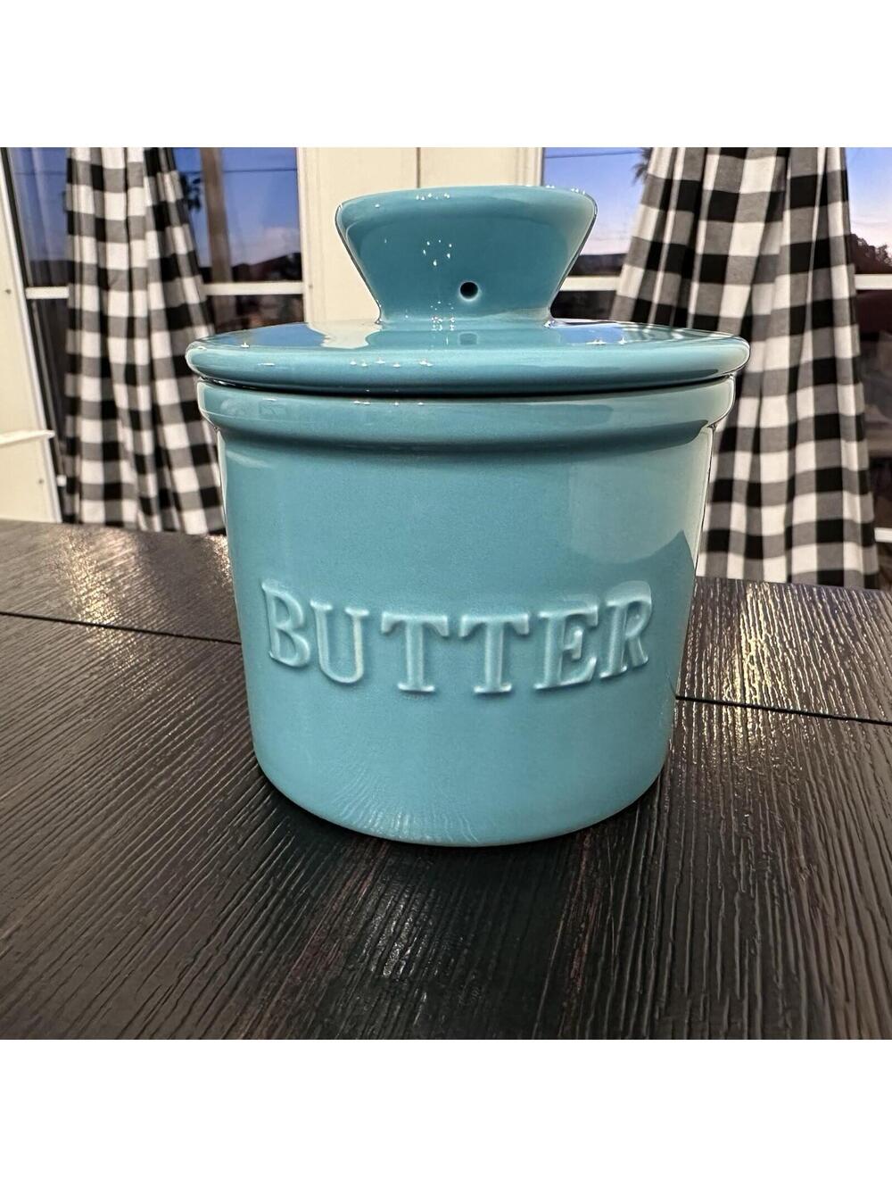 Teal Ceramic Glossy Butter Bell with Lid, Round Shape, 2-Piece Set EUC